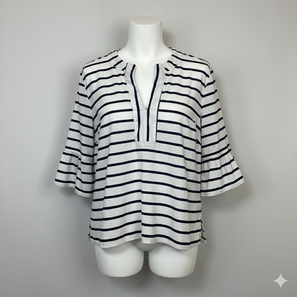 Women’s Mud Pie Flutter Sleeve White & Navy Striped Flowy Shirt Size Large *Read